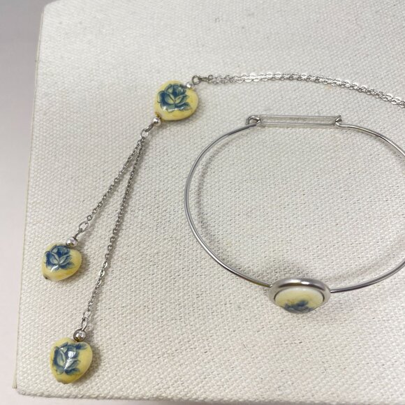 Vintage Japan Necklace & Bracelet Set Blue Rose Y-Drop Chain Dainty Heart - Picture 10 of 13